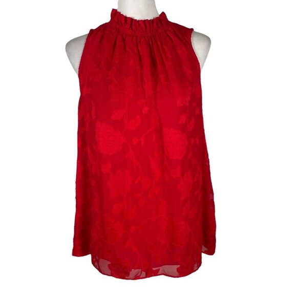 Michael Kors Blouse Top Womens Large Red Embossed Floral Shirred Neck Sleeveless - Picture 1 of 15